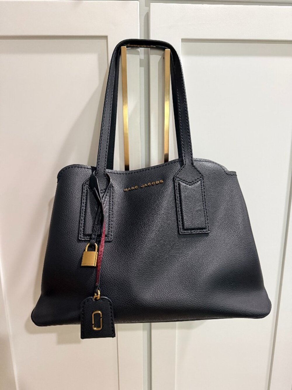 Marc Jacobs "The Editor" Leather Work Tote | Black with Burgundy Interior
